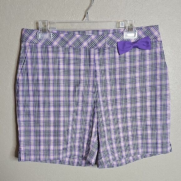 Lady Hagen 8 Purple Plaid Golf Bermuda Shorts W Bow Waist - Picture 1 of 9